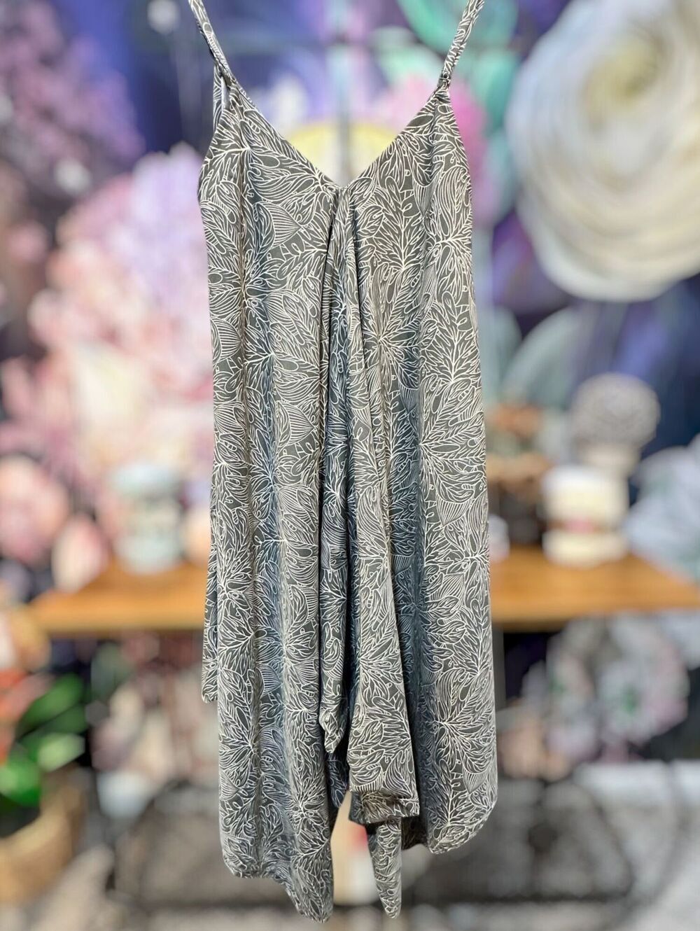 World Market S/M Wide Leg Jumpsuit Adjustable Strap Tie Waist Boho Olive Leaf